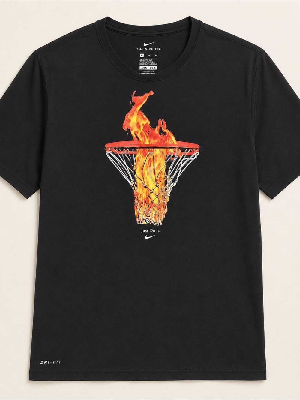 Nike Black Tee with Flaming Basketball Hoop Graphic